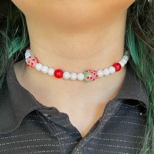 handmade white and red strawberry pearl choker